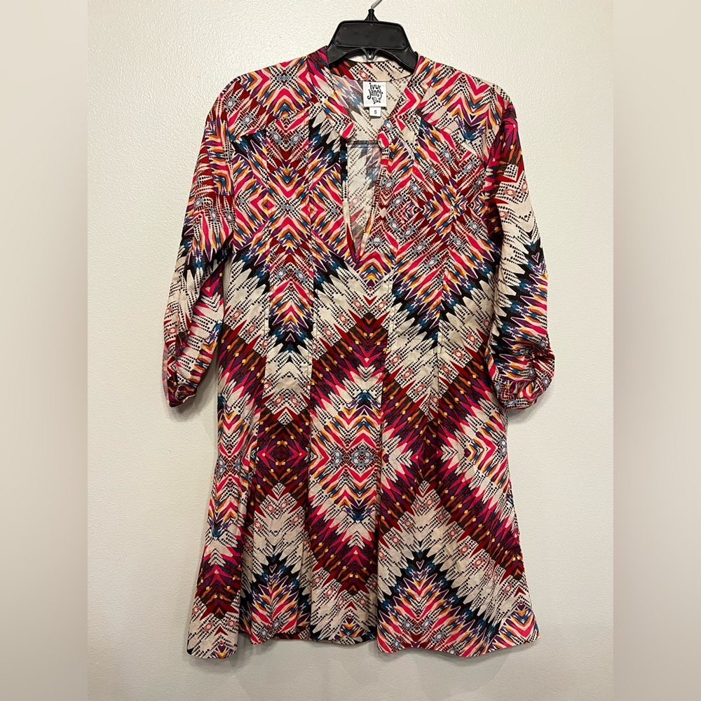 Ivy Jane Multicolor Geometric Boho Print Three Quarter‎ Sleeves Dress Size Small